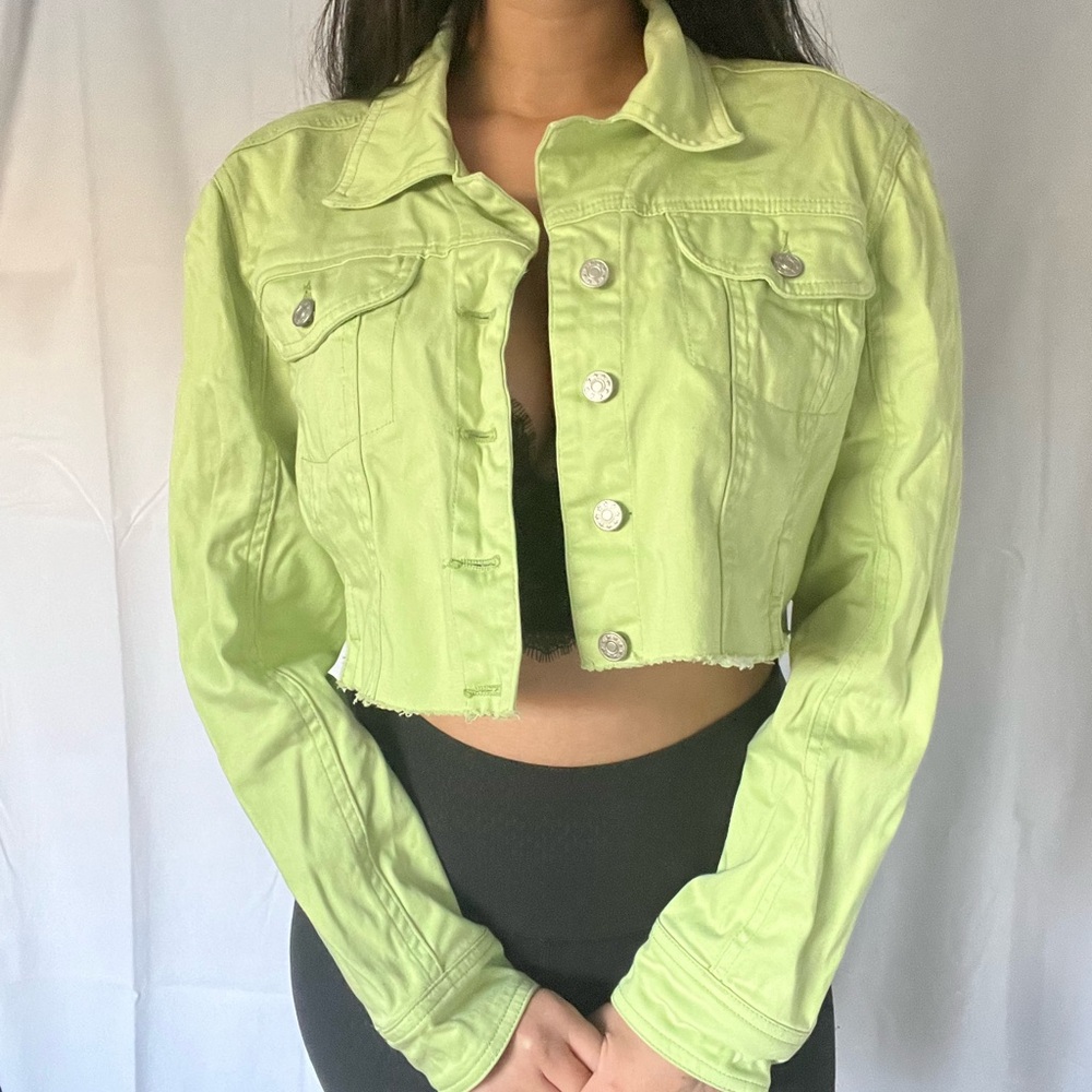 Lime Green Cropped Denim Jacket